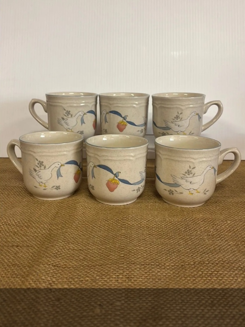 90’s • Set of 6 • Geese Coffee Mugs Marmalade Stoneware Goose Blue Ribbon Fruit